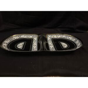 Black Glass Snack Dish With Blue & White Grapes & Leaves Border Gold Accent